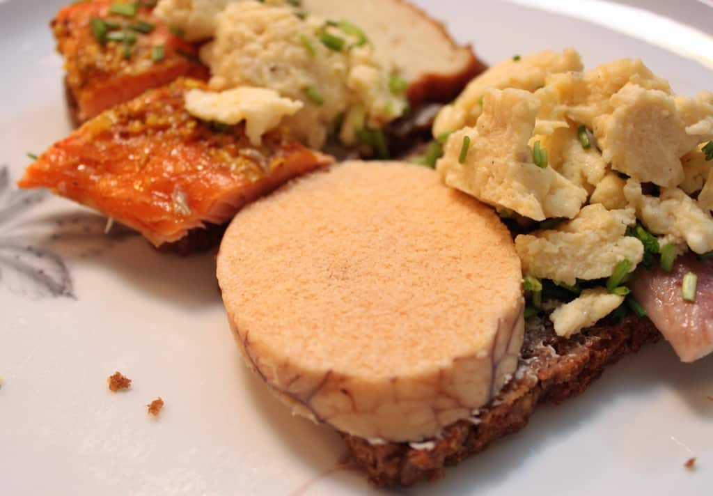 Rugbrød with cod roe, smoked eel, smoked salmon and fish frikadelle